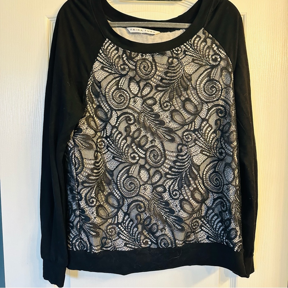 Trina Turk black lace overlay women’s small sweater sweatshirt msrp $240